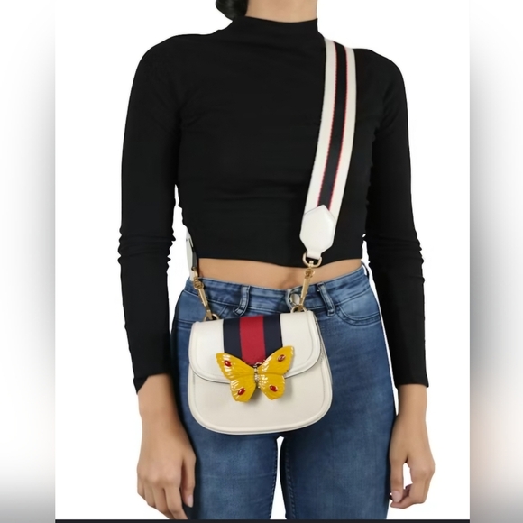 Gucci Butterfly Mini Shoulder Bag – Web Stripe, Cream Leather (Style 505383) - Picture 2 of 13